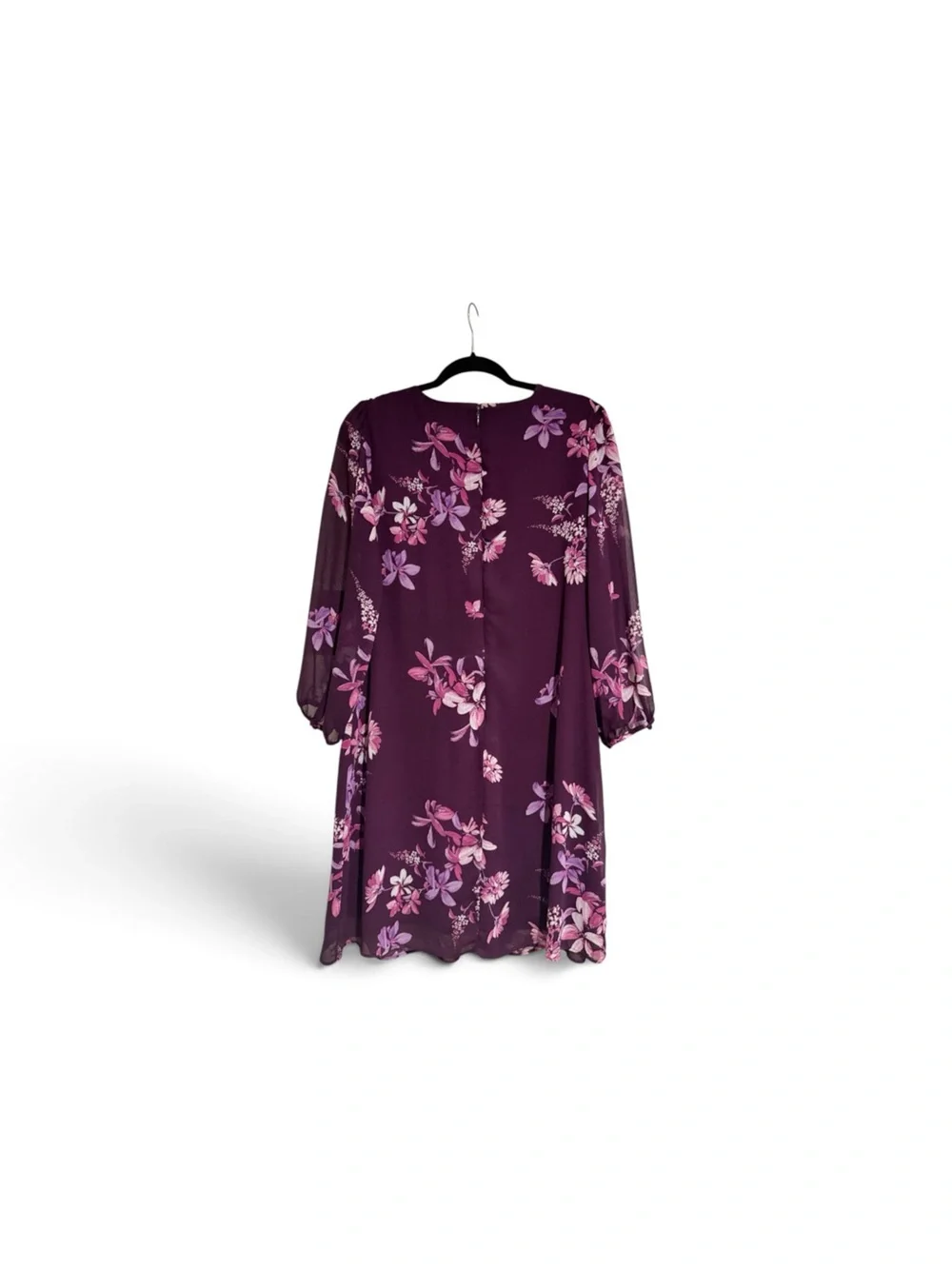 Calvin Klein Floral Chiffon Dress Size 14 Plum Purple Pink Long Sleeve